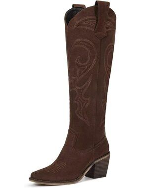 Women I-suede Brown Faux Leather Pull-On Comfort Tall Knee High Cowgirl Boot